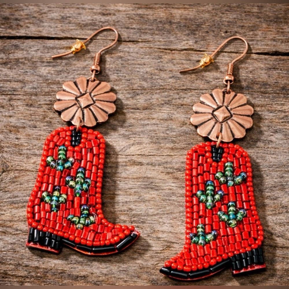Cactus Rose Red Bead Boot Earrings